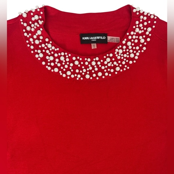 Ladies Karl Lagerfeld Paris Pearl Trim Red Sweater Size Medium - Picture 4 of 6